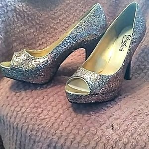 Multi colored, peeptoe 4in glitter stilettos